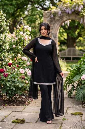 Women black georgette bell sleeve kurta with flared sharara & dupatta set