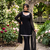 Women black georgette bell sleeve kurta with flared sharara & dupatta set