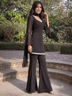 Women black georgette bell sleeve kurta with flared sharara & dupatta set 3