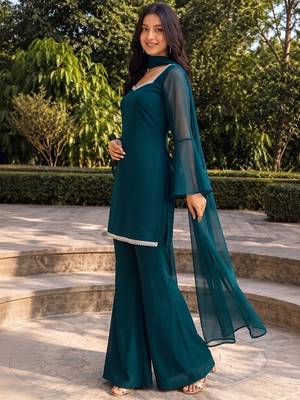 Women teal georgette bell sleeve kurta with flared sharara & dupatta set 4