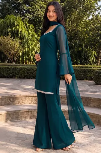 Women teal georgette bell sleeve kurta with flared sharara & dupatta set