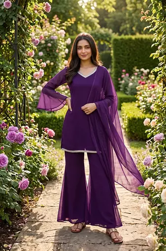 Women wine georgette bell sleeve kurta with flared sharara & dupatta set