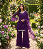 Women wine georgette bell sleeve kurta with flared sharara & dupatta set