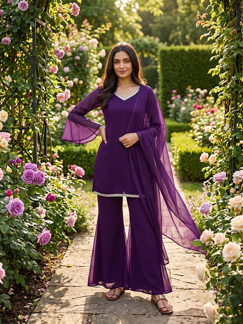Women wine georgette bell sleeve kurta with flared sharara & dupatta set