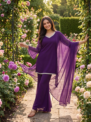Women wine georgette bell sleeve kurta with flared sharara & dupatta set 3