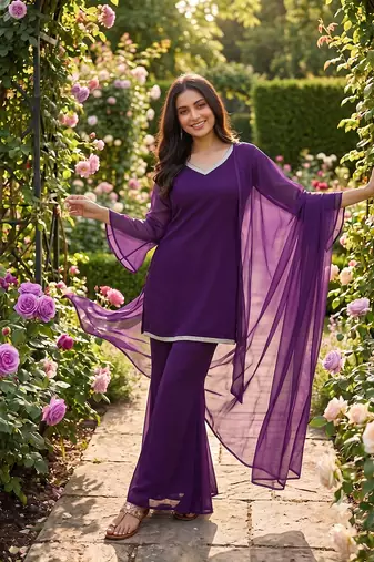 Women wine georgette bell sleeve kurta with flared sharara & dupatta set