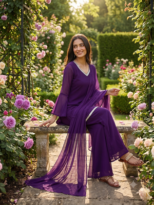 Women wine georgette bell sleeve kurta with flared sharara & dupatta set 4