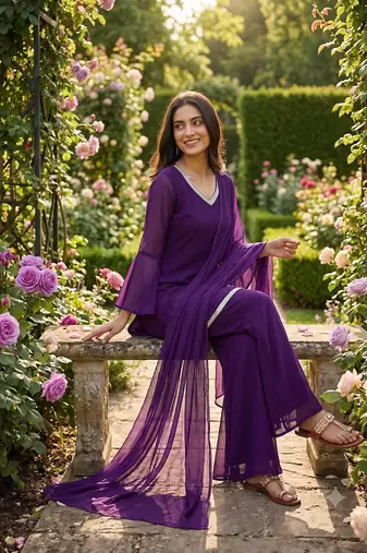Women wine georgette bell sleeve kurta with flared sharara & dupatta set