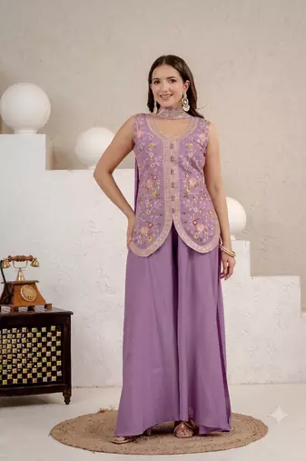 Lavender embroidered peplum top with wide-leg sharara & dupatta set