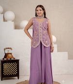 Lavender embroidered peplum top with wide-leg sharara & dupatta set