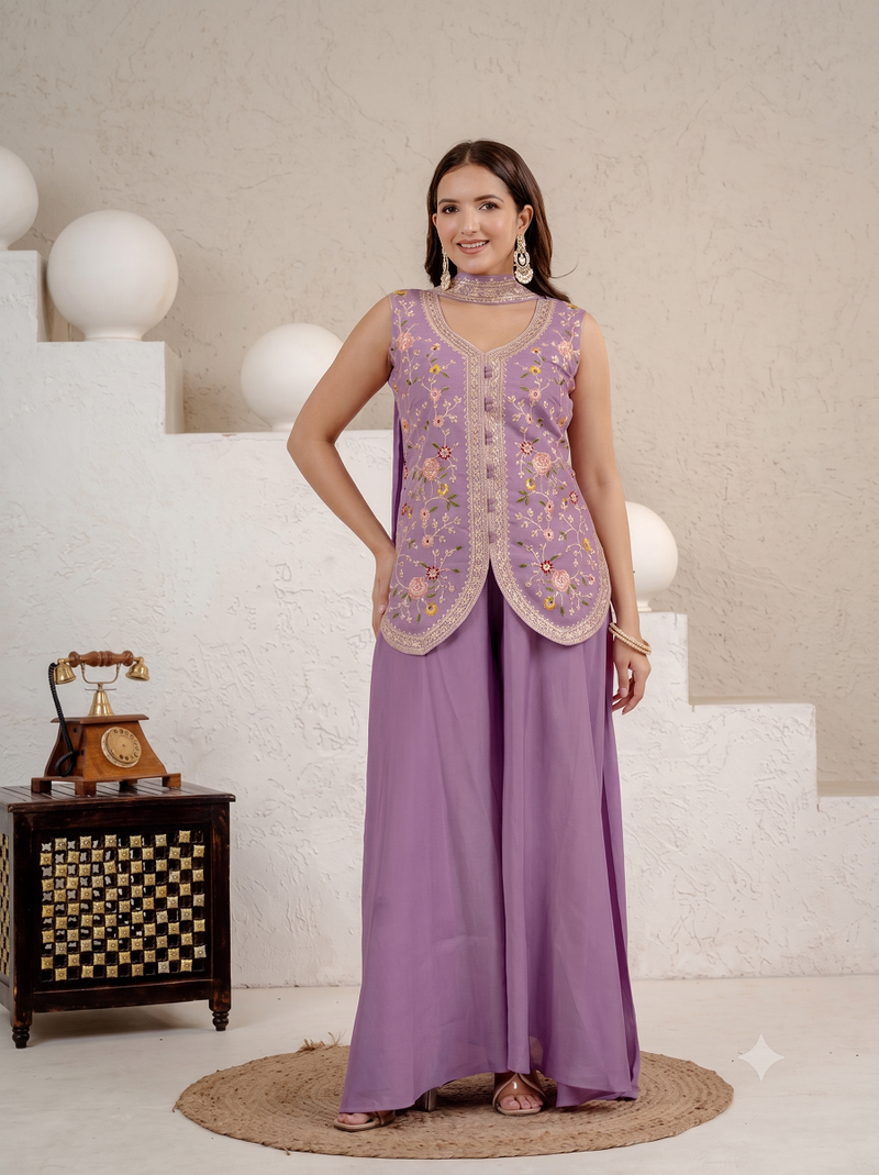 Lavender embroidered peplum top with wide-leg sharara & dupatta set