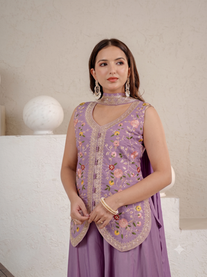 Lavender embroidered peplum top with wide-leg sharara & dupatta set 2