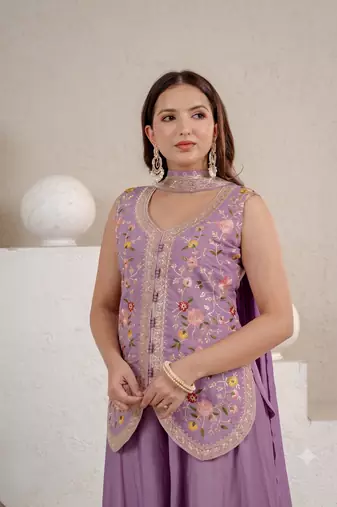 Lavender embroidered peplum top with wide-leg sharara & dupatta set