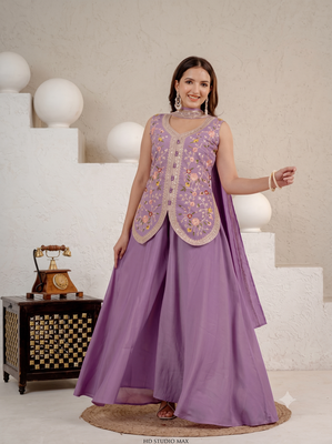 Lavender embroidered peplum top with wide-leg sharara & dupatta set 3