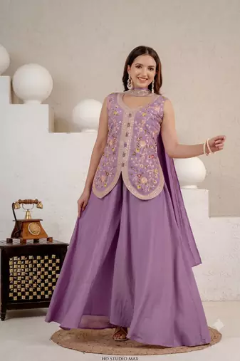 Lavender embroidered peplum top with wide-leg sharara & dupatta set