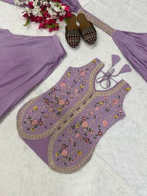 Lavender embroidered peplum top with wide-leg sharara & dupatta set 4
