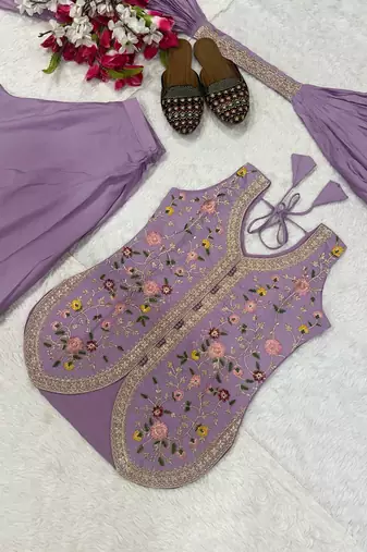 Lavender embroidered peplum top with wide-leg sharara & dupatta set