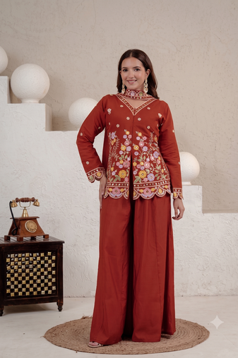 Women's rust floral embroidered short kurti with palazzo pants and dupatta set