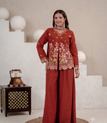 Women's rust floral embroidered short kurti with palazzo pants and dupatta set