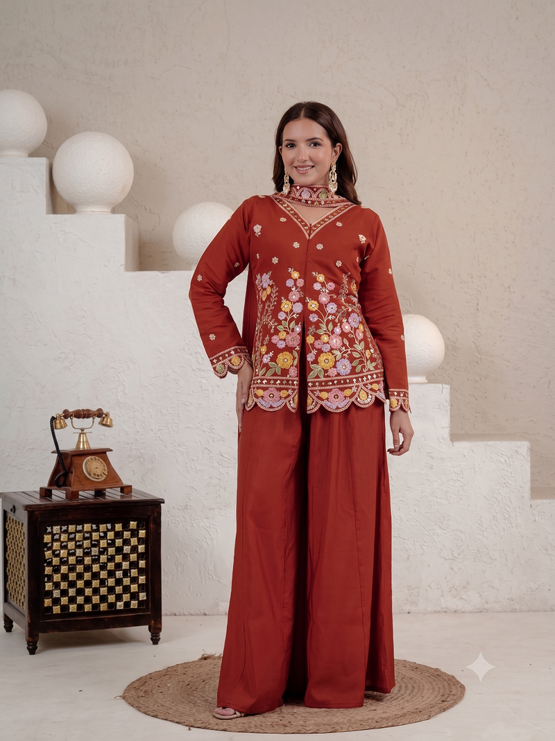 Women's rust floral embroidered short kurti with palazzo pants and dupatta set