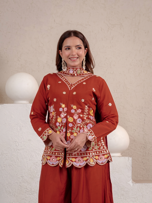 Women's rust floral embroidered short kurti with palazzo pants and dupatta set 2
