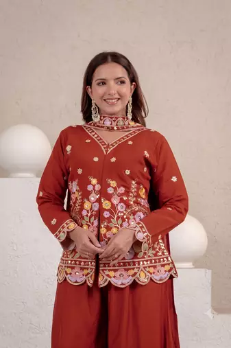 Women's rust floral embroidered short kurti with palazzo pants and dupatta set