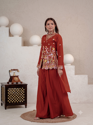 Women's rust floral embroidered short kurti with palazzo pants and dupatta set 3