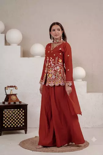 Women's rust floral embroidered short kurti with palazzo pants and dupatta set