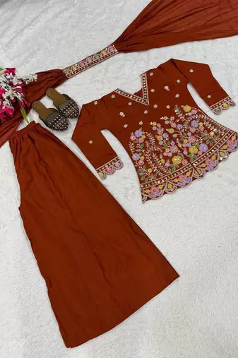 Women's rust floral embroidered short kurti with palazzo pants and dupatta set