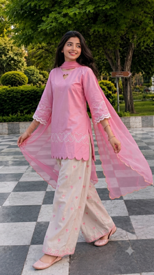 Pink short kurti with white heart embroidered farshi salwar & dupatta set for women 1