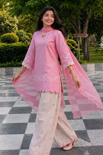 Pink short kurti with white heart embroidered farshi salwar & dupatta set for women
