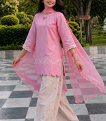 Pink short kurti with white heart embroidered farshi salwar & dupatta set for women