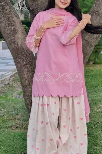 Pink short kurti with white heart embroidered farshi salwar & dupatta set for women