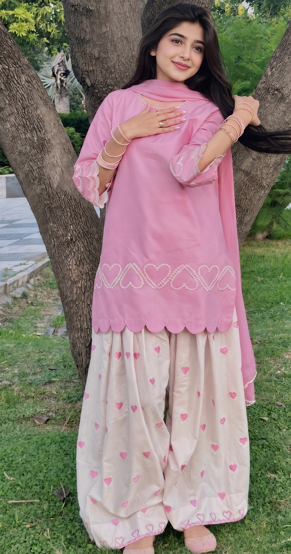 Pink short kurti with white heart embroidered farshi salwar & dupatta set for women
