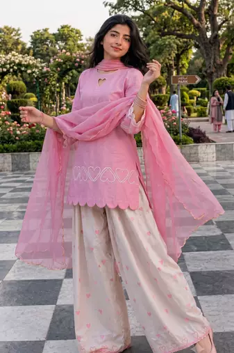 Pink short kurti with white heart embroidered farshi salwar & dupatta set for women