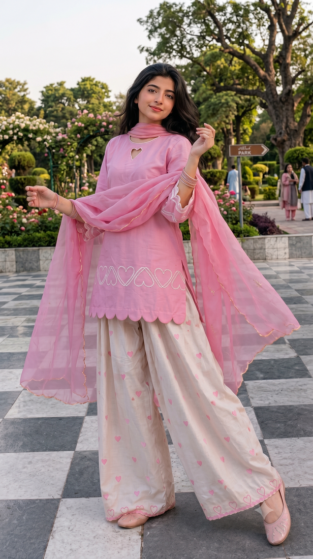 Pink short kurti with white heart embroidered farshi salwar & dupatta set for women