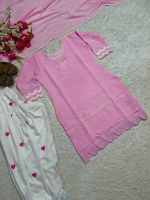 Pink short kurti with white heart embroidered farshi salwar & dupatta set for women 4