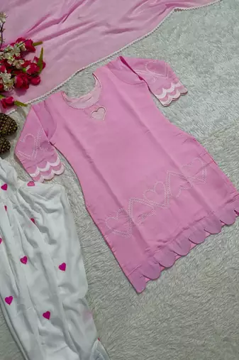 Pink short kurti with white heart embroidered farshi salwar & dupatta set for women