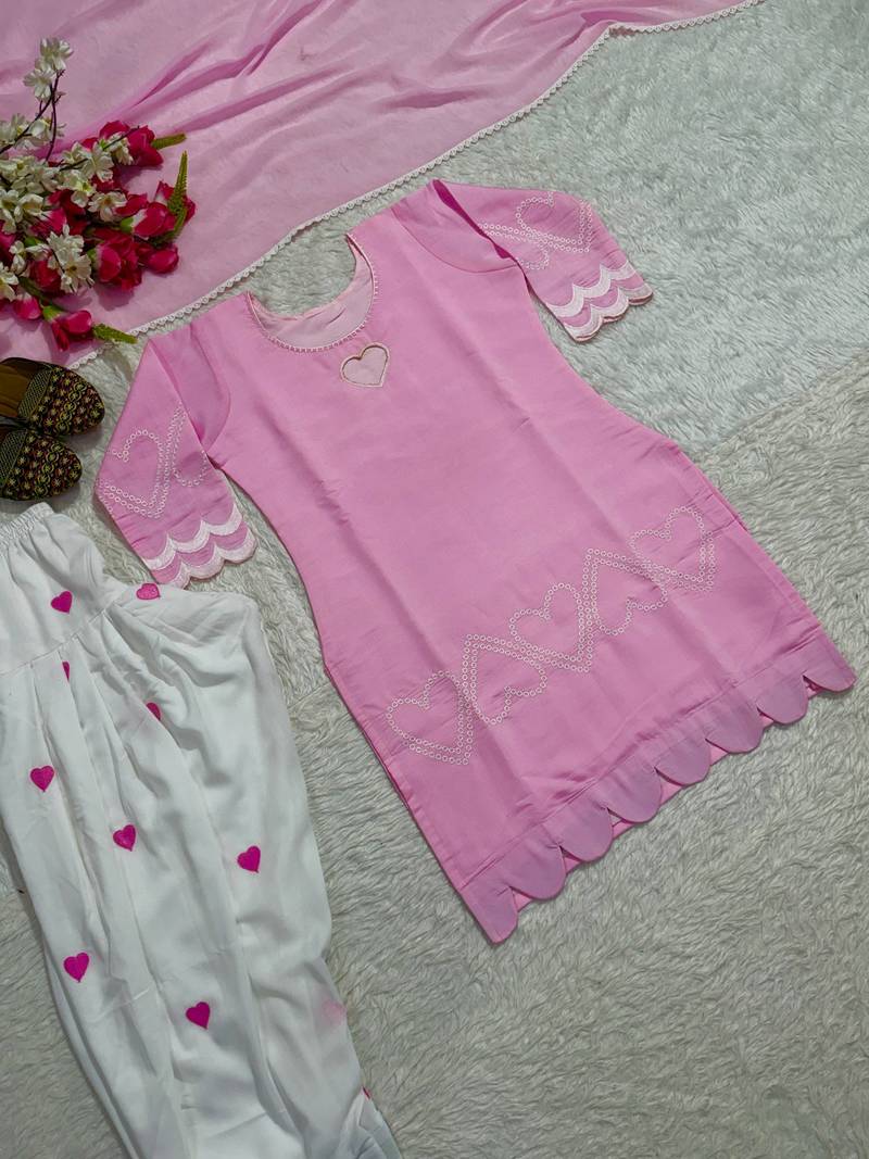 Pink short kurti with white heart embroidered farshi salwar & dupatta set for women