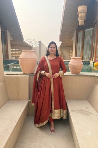 Women rust brown anarkali kurta pant set with dupatta