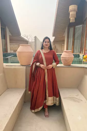 Women rust brown anarkali kurta pant set with dupatta