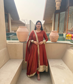 Women rust brown anarkali kurta pant set with dupatta