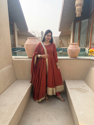Women rust brown anarkali kurta pant set with dupatta 2