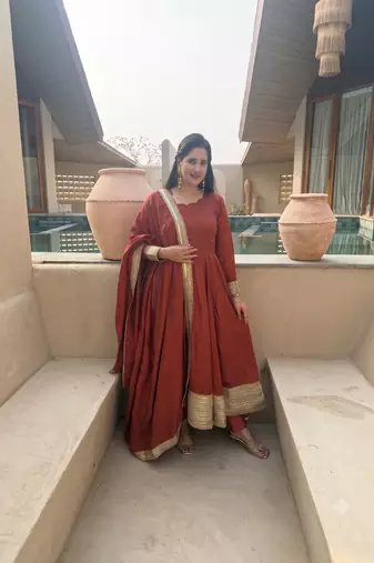 Women rust brown anarkali kurta pant set with dupatta