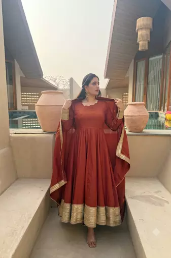 Women rust brown anarkali kurta pant set with dupatta