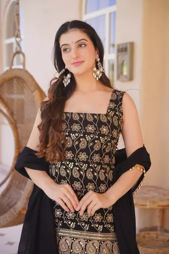 Black & Gold Embroidered Sharara Suit for Women | Premium Party & Festive Wear