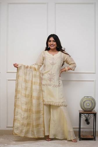  Cream Embroidered Sharara Suit with Dupatta