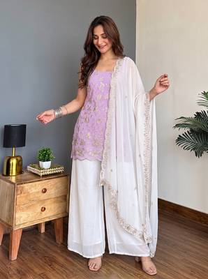 Lavender Embroidered Palazzo Suit with White Dupatta 1