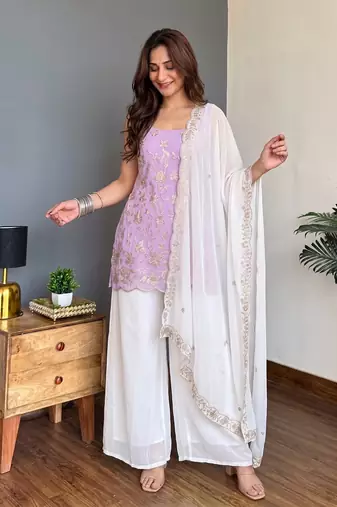 Lavender Embroidered Palazzo Suit with White Dupatta