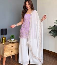 Lavender Embroidered Palazzo Suit with White Dupatta